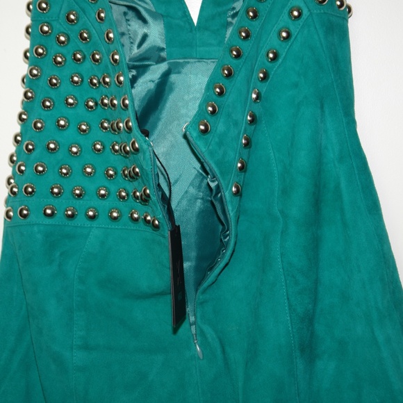 NWT X by NBD Nomi Green Suede Studded Halter Mini Dress Open Back Fringe Size XS - Picture 9 of 12